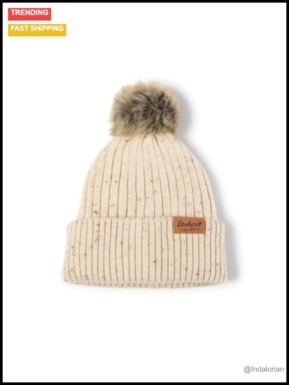 Knit Faux Fur Pom-Pom Beanie Faux Suede Label Cuff Winter Hat